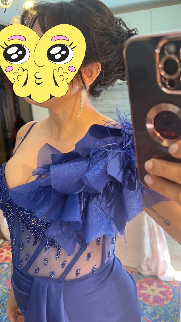 Straplez Lacivert Uzun Drapeli Abiye Elbise - Görsel 3