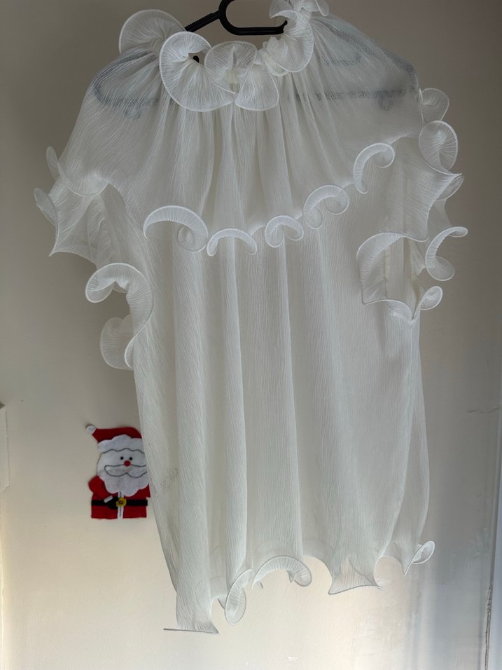 Uzun Beyaz Keten Volanlı Straplez Bluz - Görsel 2