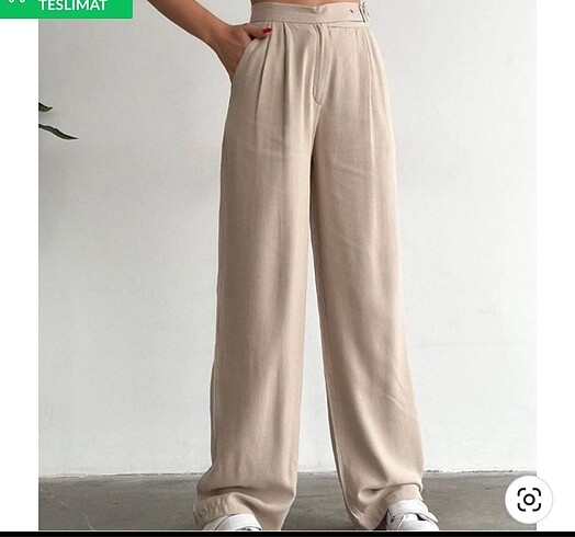 Bej kemerli plazzo keten pantolon