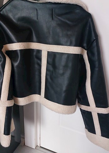 suni deri ve kürklü siyah kadın ceket - Görsel 2