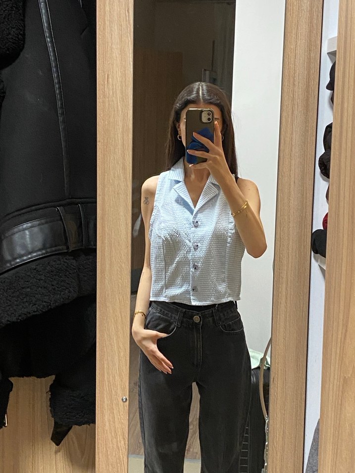 Mavi Kolsuz Keten Gömlek - Görsel 2