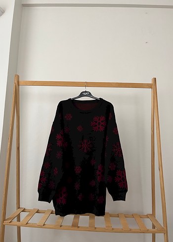 Kırmızı Desenli Örme Kadın Kazak - Görsel 7