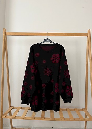 Kırmızı Desenli Örme Kadın Kazak - Görsel 8