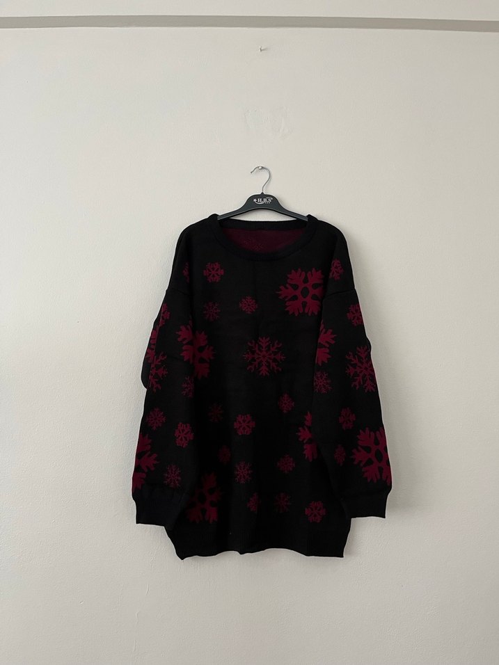 Kırmızı Desenli Örme Kadın Kazak - Görsel 3