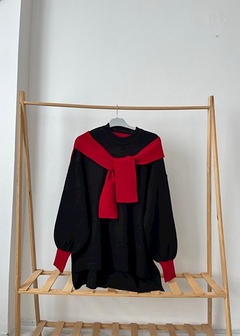 Şal yaka Kırmızı Siyah Oversize Triko Kazak - Görsel 6