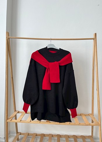 Şal yaka Kırmızı Siyah Oversize Triko Kazak - Görsel 2