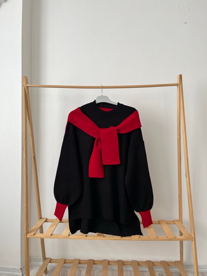 Şal yaka Kırmızı Siyah Oversize Triko Kazak - Görsel 4
