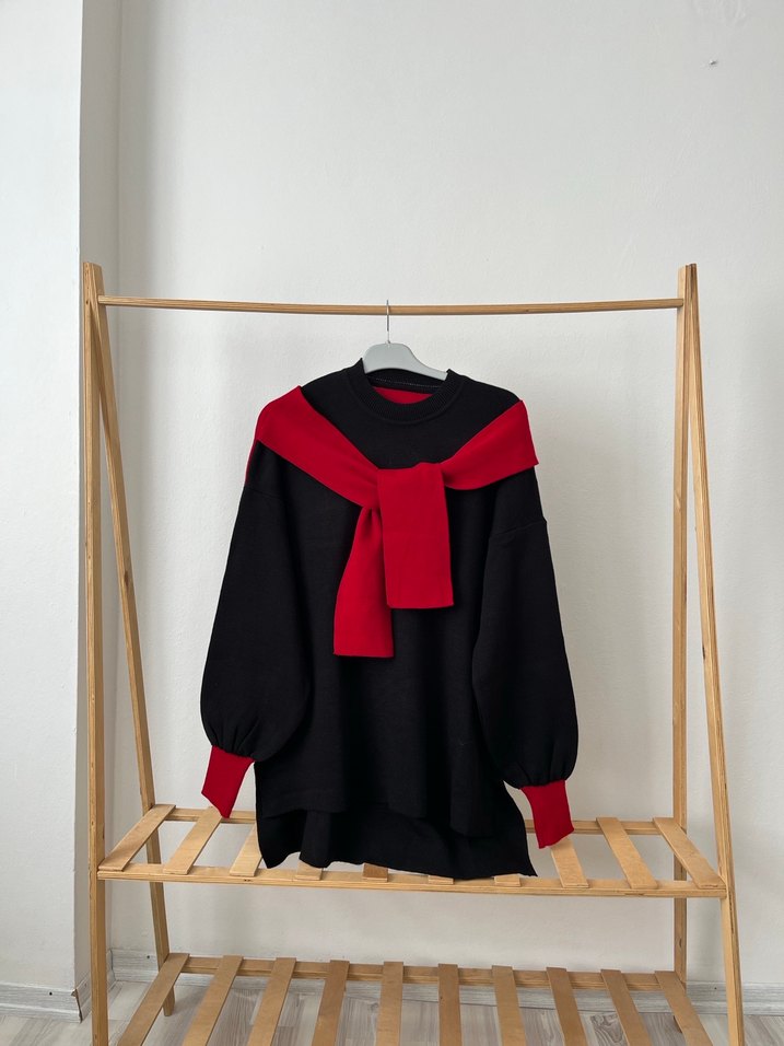 Şal yaka Kırmızı Siyah Oversize Triko Kazak - Görsel 3