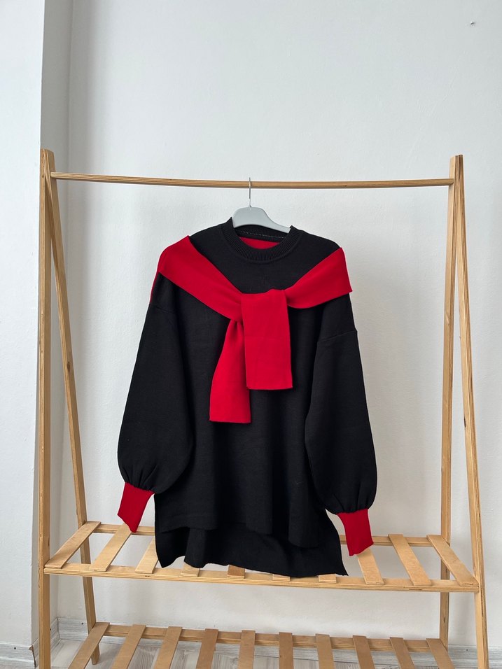 Şal yaka Kırmızı Siyah Oversize Triko Kazak - Görsel 2