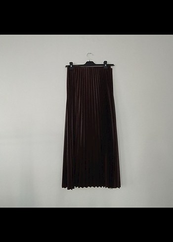 Kahverengi Kadın deri gorunumlu Piliseli Uzun Etek - Görsel 3