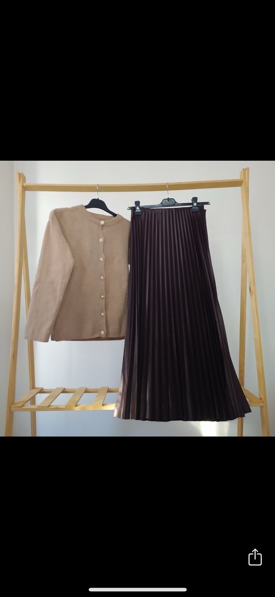 Kahverengi Kadın deri gorunumlu Piliseli Uzun Etek - Görsel 2