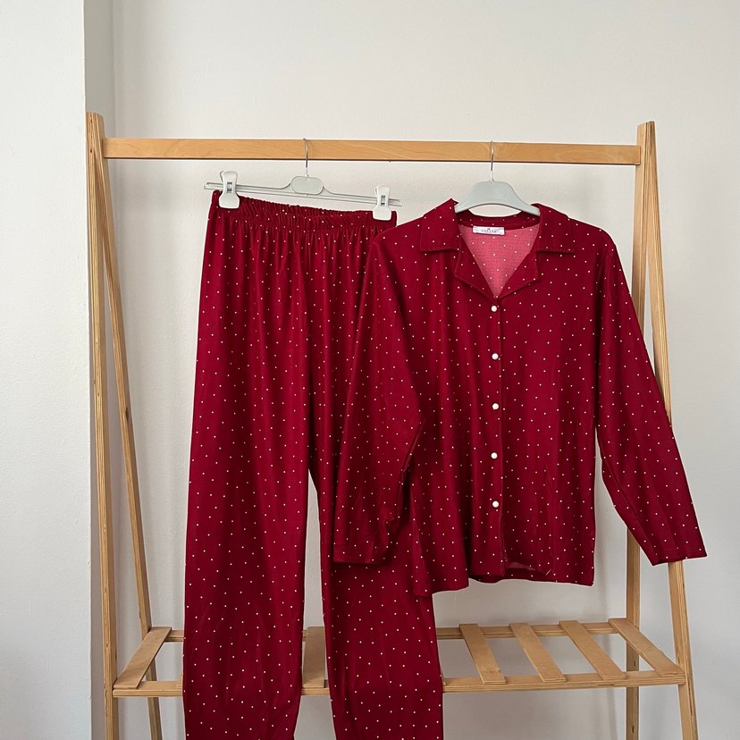 Bordo Puantiyeli Kadın Pijama Takımı - Görsel 2