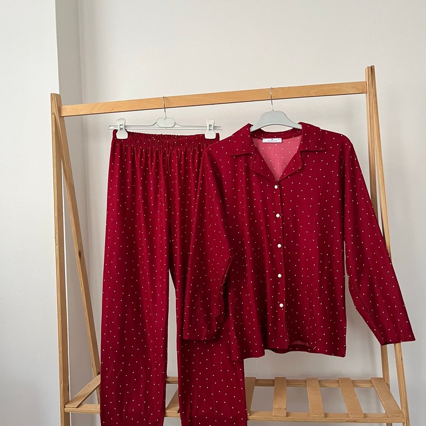 Bordo Puantiyeli Kadın Pijama Takımı - Görsel 3