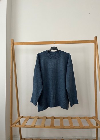 Mavi Örgü Salaş Kadın Kazak - Görsel 8