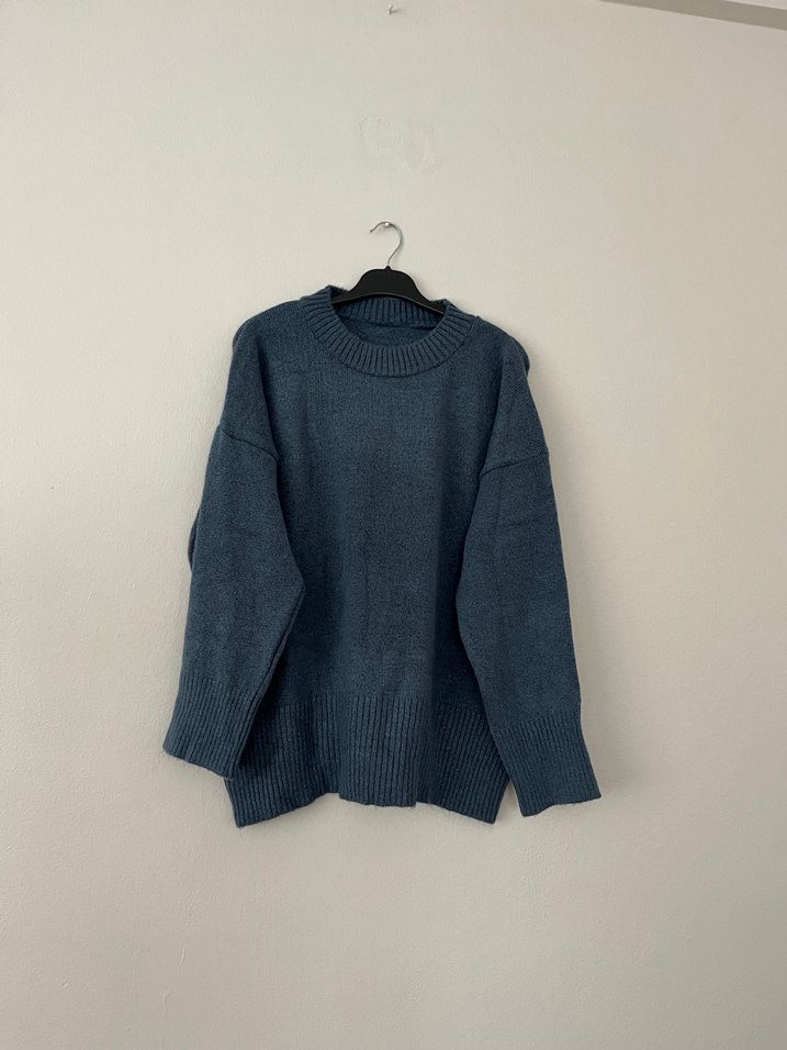 Mavi Örgü Salaş Kadın Kazak - Görsel 4