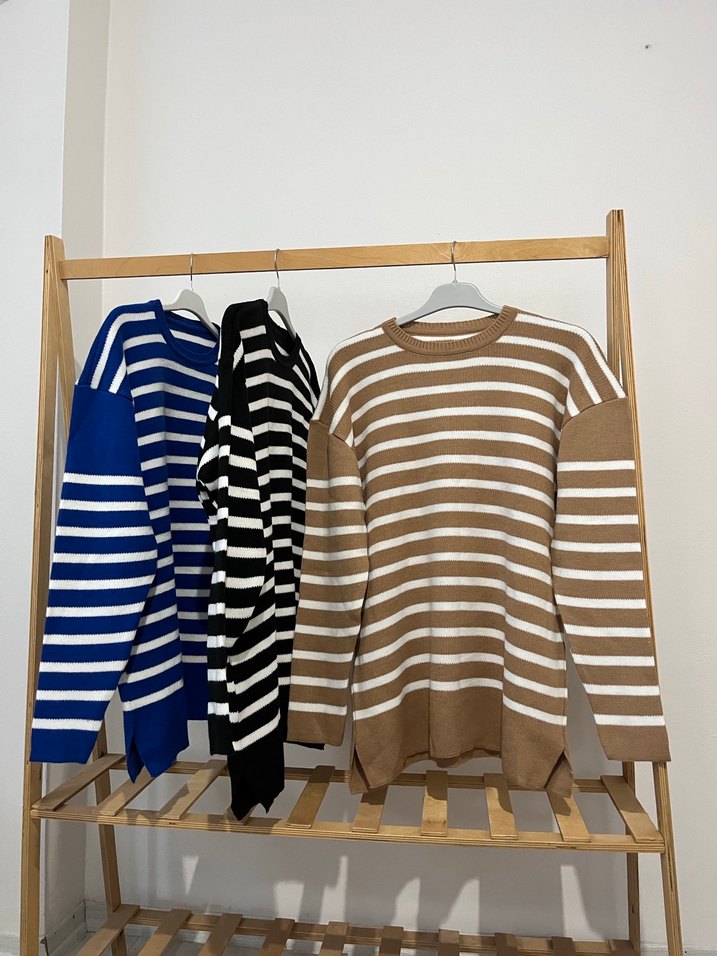 Kadın Kahverengi Çizgili Örgü Kazak - Görsel 2