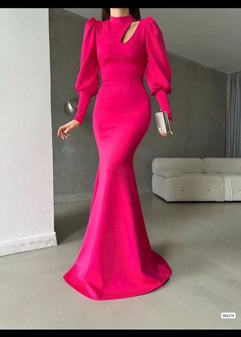 m Beden pembe Renk Parlak Pembe Uzun Kollu V Yakalı Abiye Elbise