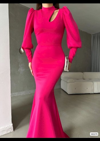 Parlak Pembe Uzun Kollu V Yakalı Abiye Elbise - Görsel 5