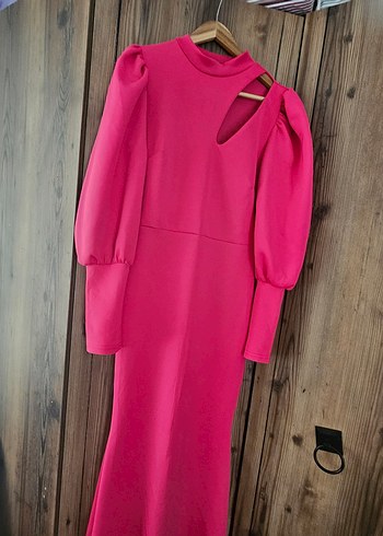 Parlak Pembe Uzun Kollu V Yakalı Abiye Elbise - Görsel 6