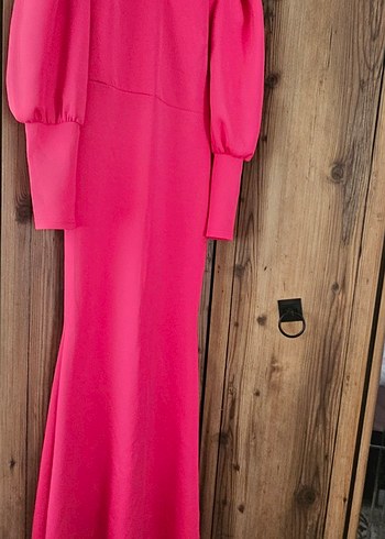 Parlak Pembe Uzun Kollu V Yakalı Abiye Elbise - Görsel 7