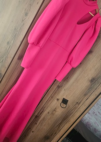 Parlak Pembe Uzun Kollu V Yakalı Abiye Elbise - Görsel 8