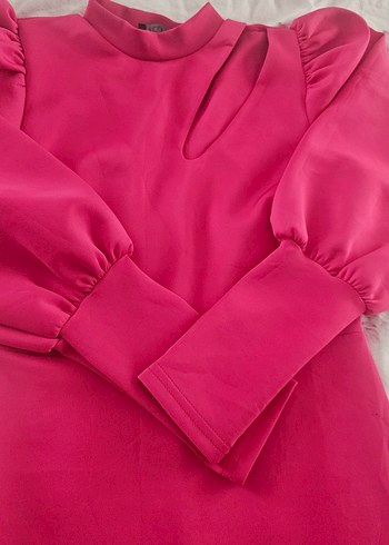 Parlak Pembe Uzun Kollu V Yakalı Abiye Elbise - Görsel 9