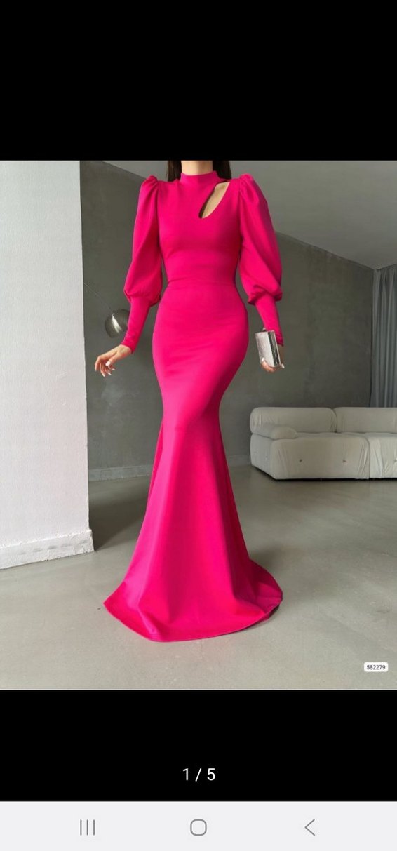 Parlak Pembe Uzun Kollu V Yakalı Abiye Elbise - Görsel 4