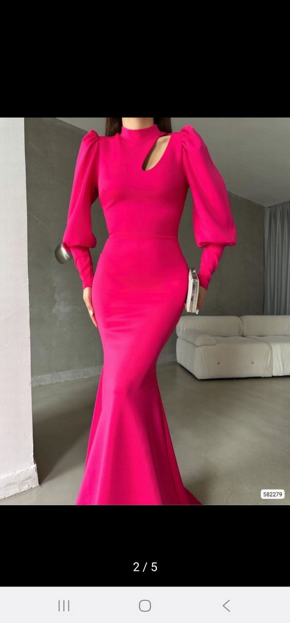 Parlak Pembe Uzun Kollu V Yakalı Abiye Elbise - Görsel 5