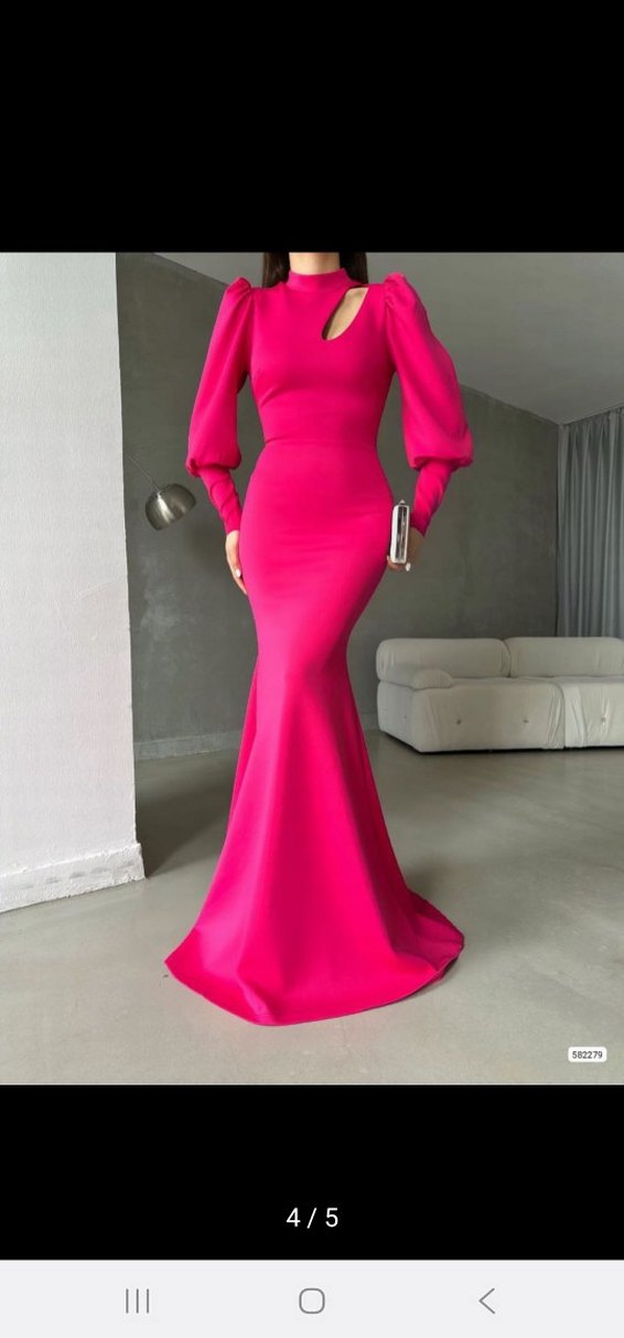 Parlak Pembe Uzun Kollu V Yakalı Abiye Elbise - Görsel 2