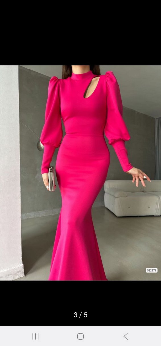 Parlak Pembe Uzun Kollu V Yakalı Abiye Elbise - Görsel 3