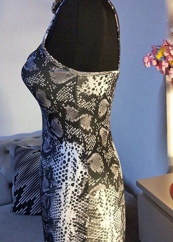 Gri Yılan Desenli Mini Elbise - Görsel 4