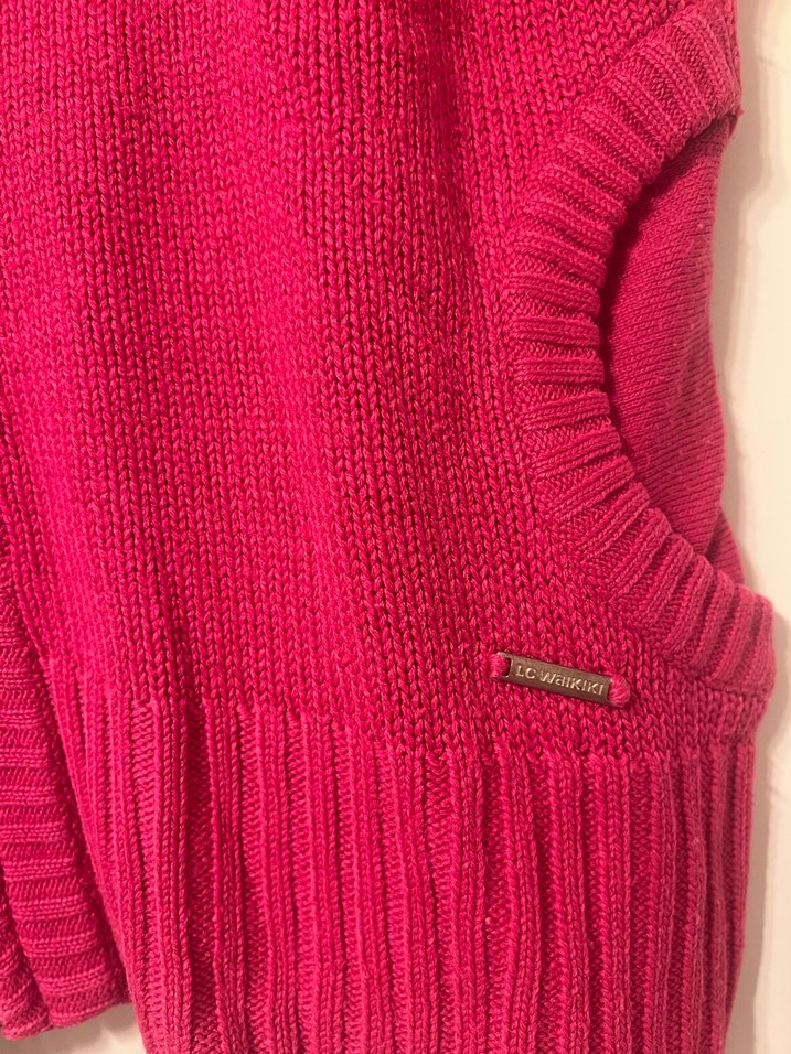 Pembe Kapüşonlu Örgü Kadın Yelek - Görsel 4