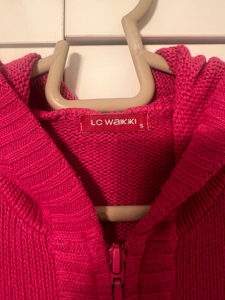 Pembe Kapüşonlu Örgü Kadın Yelek - Görsel 3