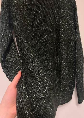 Kadın yeşil simli Triko Boğazlı Kazak - Görsel 2