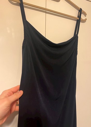 Lacivert Askılı Uzun Drapeli Kadın Elbise - Görsel 2