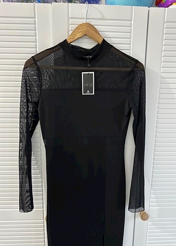 Uzun Siyah Transparan Kollu Straplez Elbise - Görsel 2