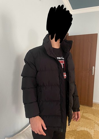 Siyah Erkek Puff Mont, Yüksek Yakalı, Günlük