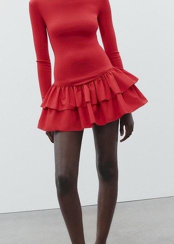 Zara Zara Kırmızı Mini Fırfırlı Uzun Kollu Elbise
