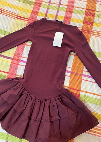 s Beden bordo Renk Zara Bordo Fırfırlı Mini Kadın Elbise