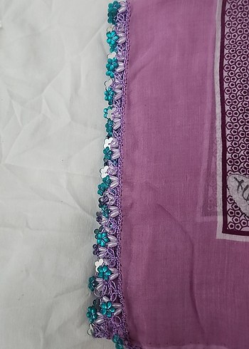Mor boncuk işlemeli tülbent - Görsel 2