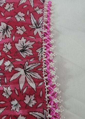 Pembe Çiçek Desenli Kadın tülbent boncuklu - Görsel 2