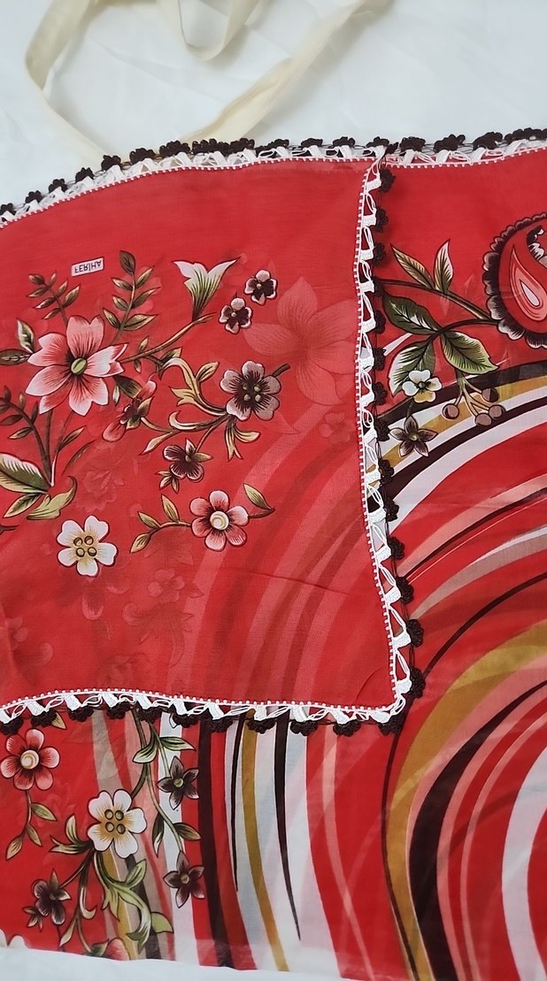 Renkli Çiçek Desenli Kırmızı Kadın tülbent - Görsel 3