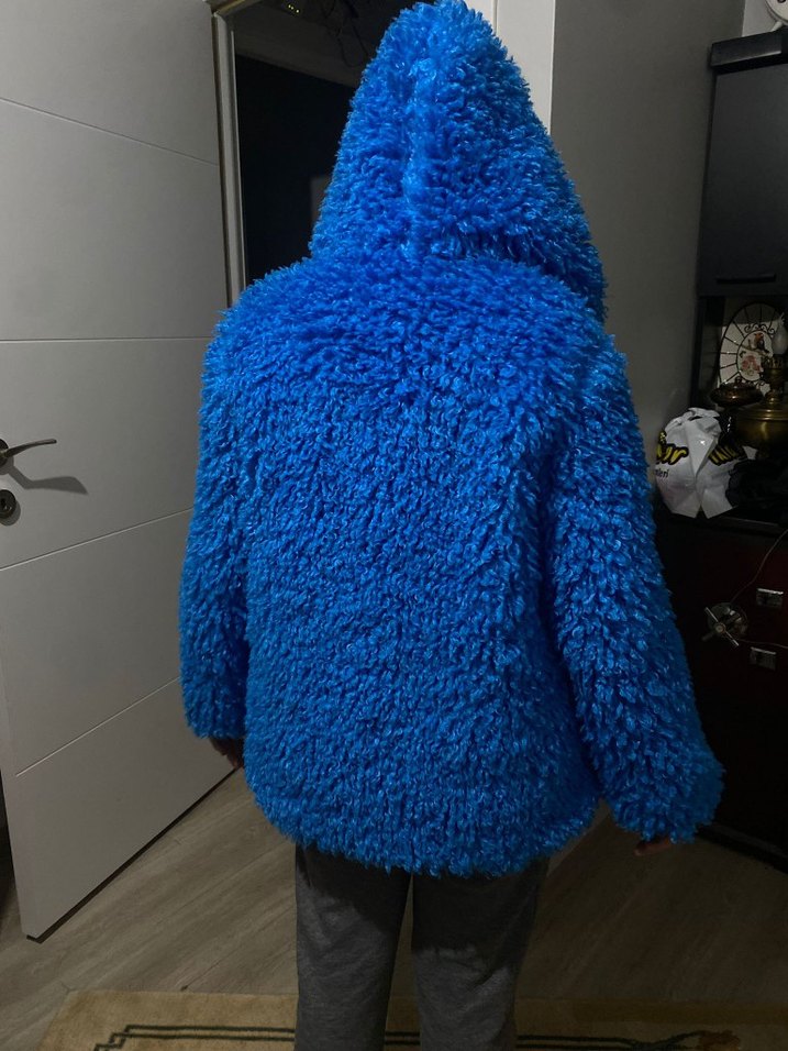 Kadın Mavi Kapüşonlu Peluş Ceket - Görsel 3
