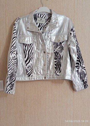 Gri Metalik Zebra Desenli Kadın Kot Ceket