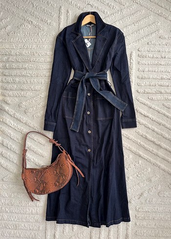 Kemerli Lacivert Uzun Denim Elbise