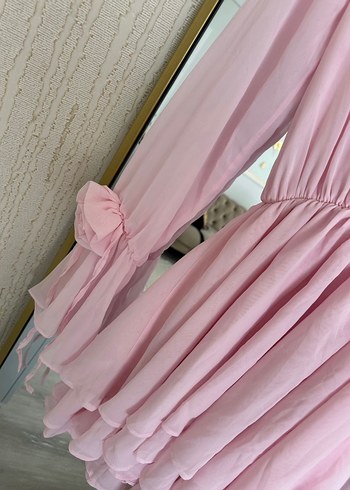 Pembe Çiçekli Volanlı Mini  Elbise - Görsel 8