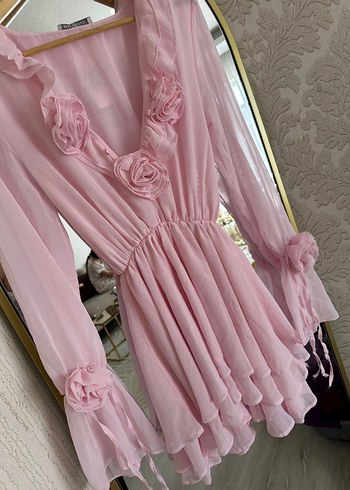 Pembe Çiçekli Volanlı Mini  Elbise - Görsel 4