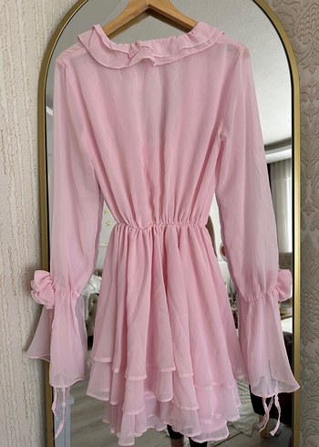 Pembe Çiçekli Volanlı Mini  Elbise - Görsel 7