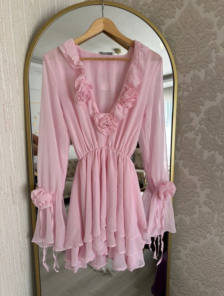 Pembe Çiçekli Volanlı Mini  Elbise - Görsel 3