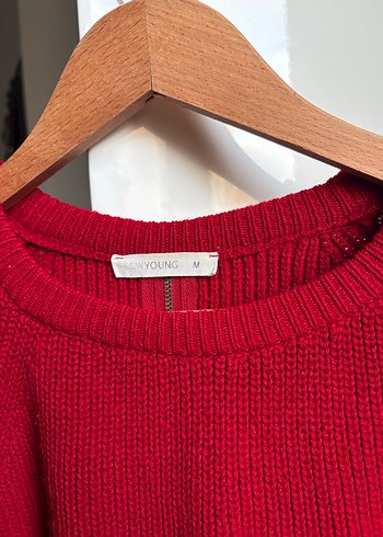 Kırmızı Uzun Kollu Örgü Kadın Kazak - Görsel 3